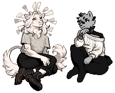 a pixel art image of Ens (right) and Phercy (left) sitting together